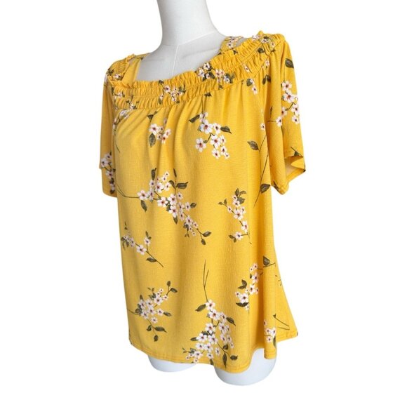 Melloday Yellow Floral Off Shoulder Strap Short Sleeve Pullover Top Women's XL - Picture 2 of 9